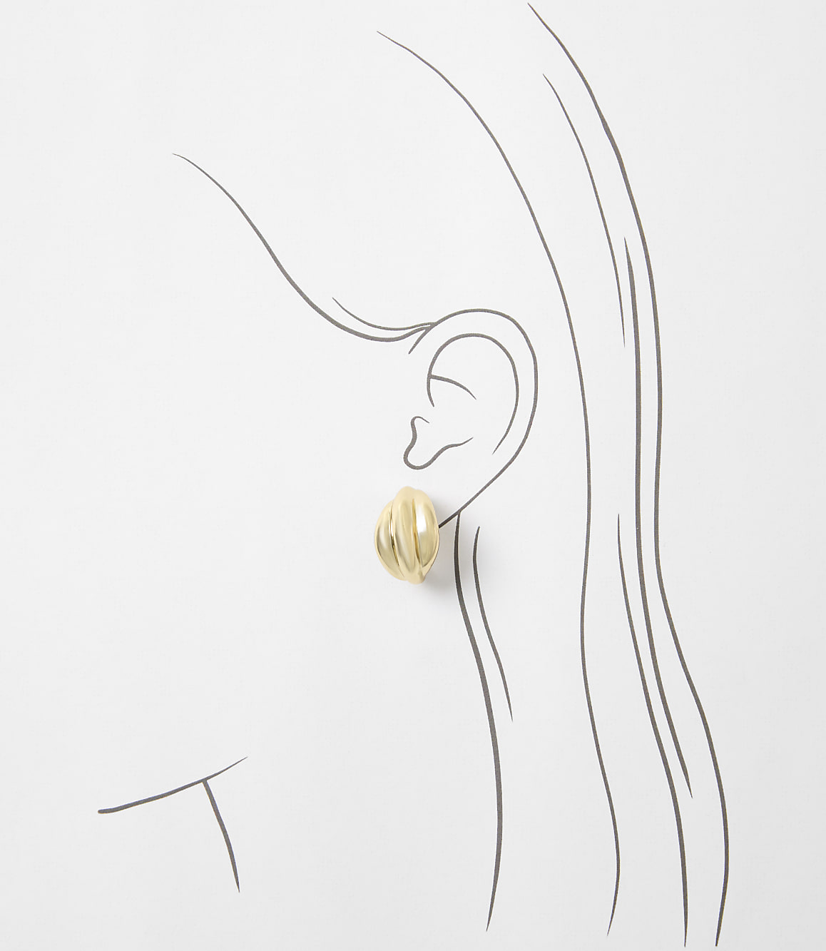 A gold oval earring with ribbed texture is worn on a sketched ear against a white background.