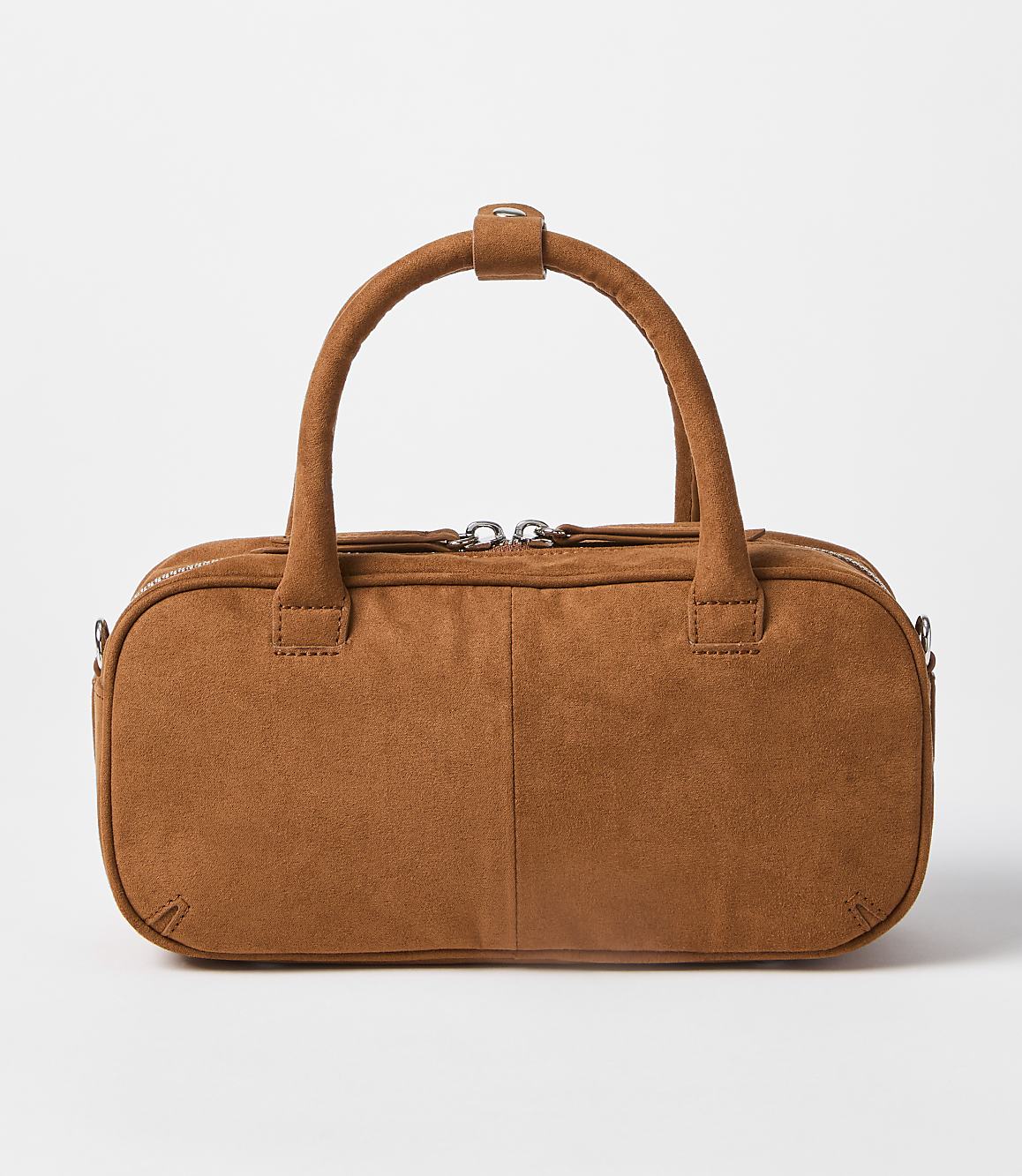 A brown suede duffel bag with a white background.