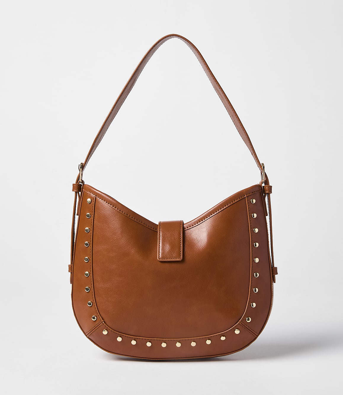 A brown leather hobo bag with gold stud accents rests against a plain white background.