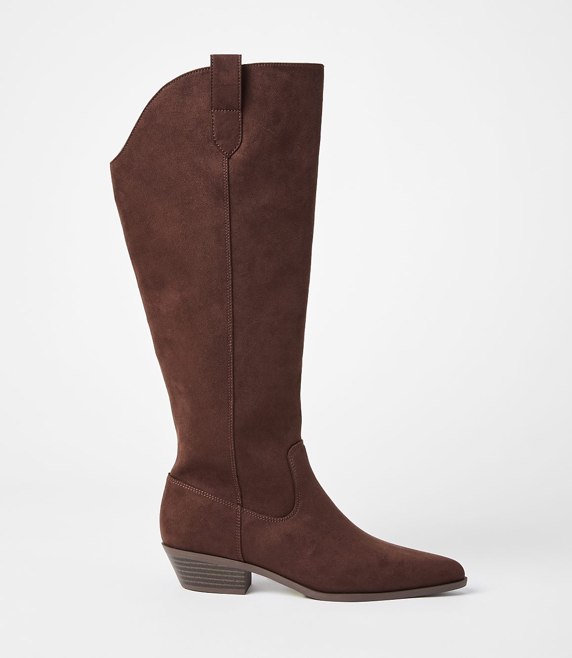 A brown suede knee-high boot with a pointed toe and a low heel stands against a plain white background.