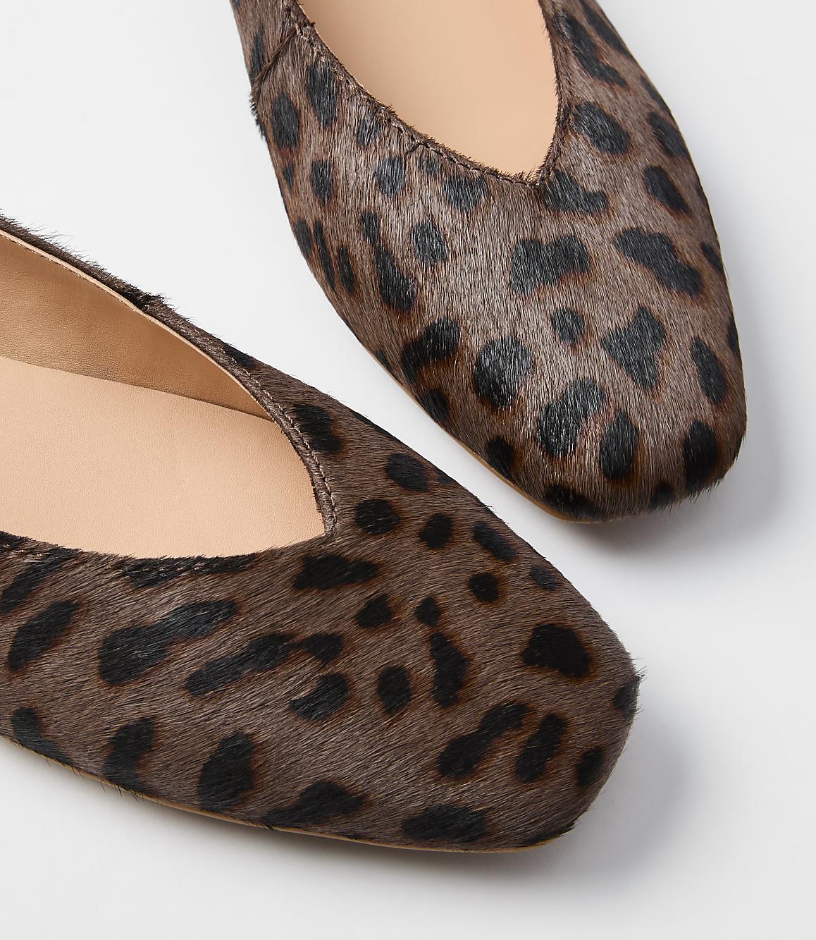 Two square-toed ballet flats with a leopard print pattern are in the foreground against a plain white background.