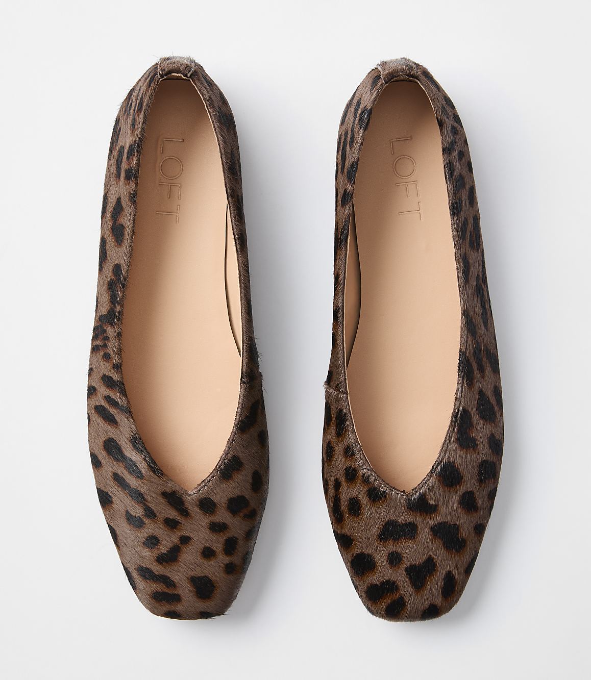 A pair of leopard-print ballet flats with tan insoles rests on a plain white background.