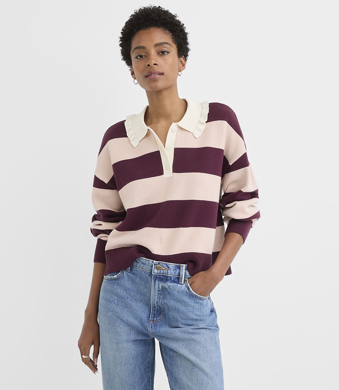 Petite Rugby Stripe Ruffle Collar Sweater