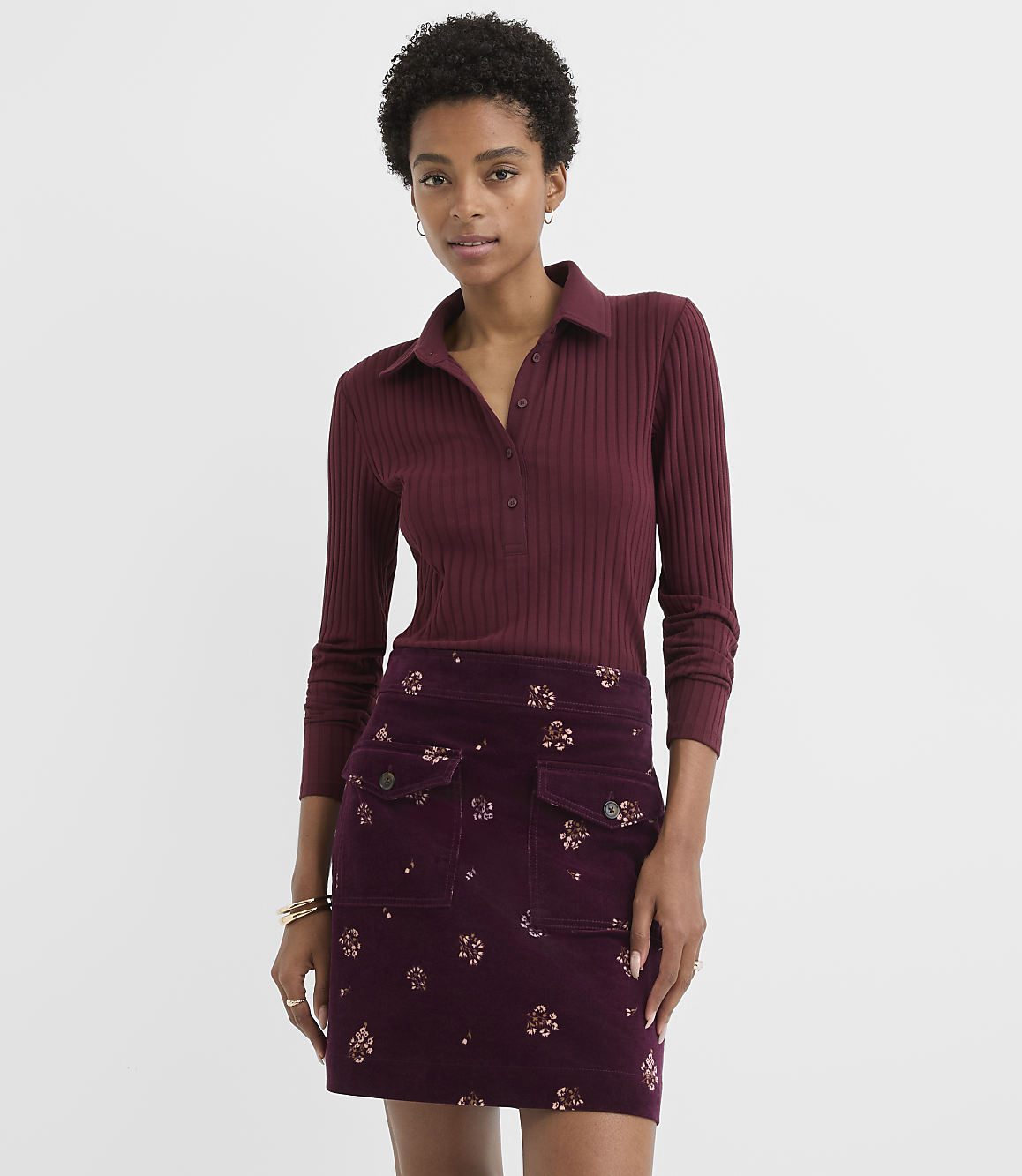 Petite Pointelle Ribbed Polo Top
