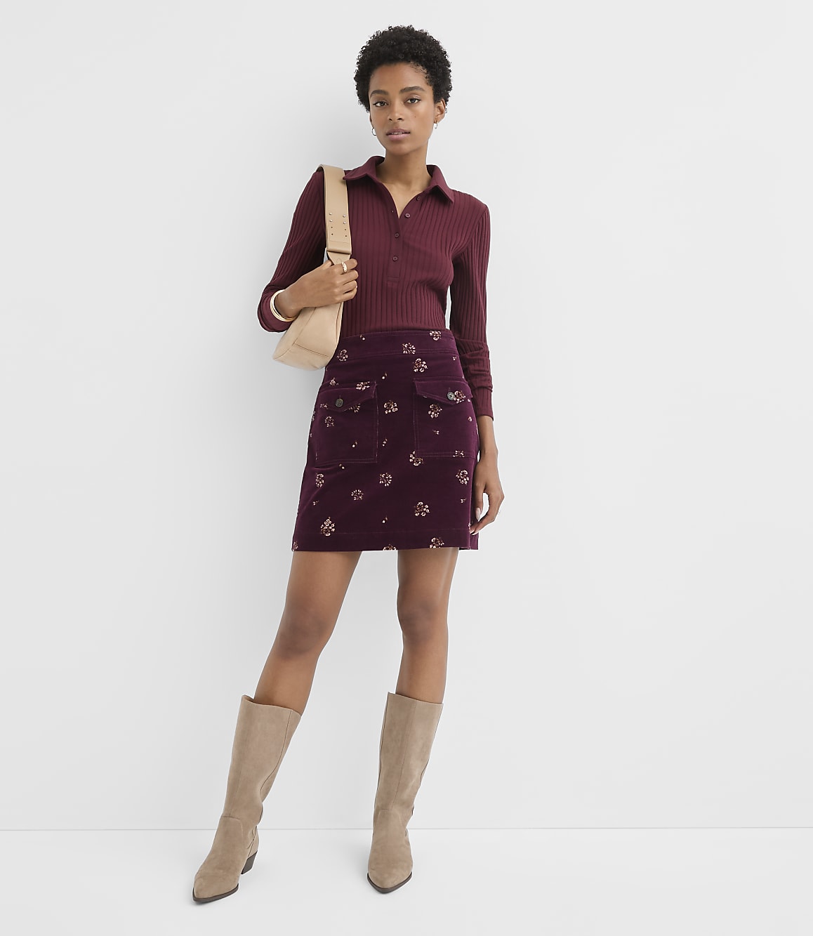 Petite Pointelle Ribbed Polo Top
