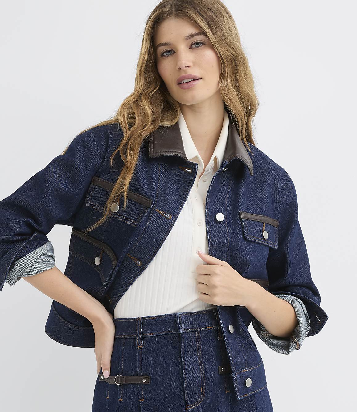 Petite Faux Leather Trim Denim Jacket in Classic Rinse Wash