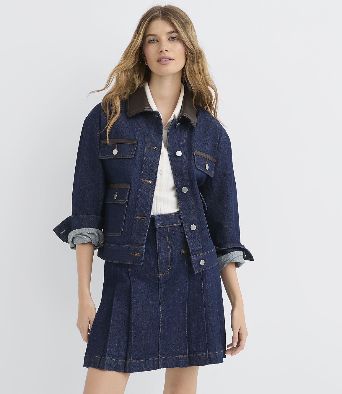 Petite Faux Leather Trim Denim Jacket in Classic Rinse Wash