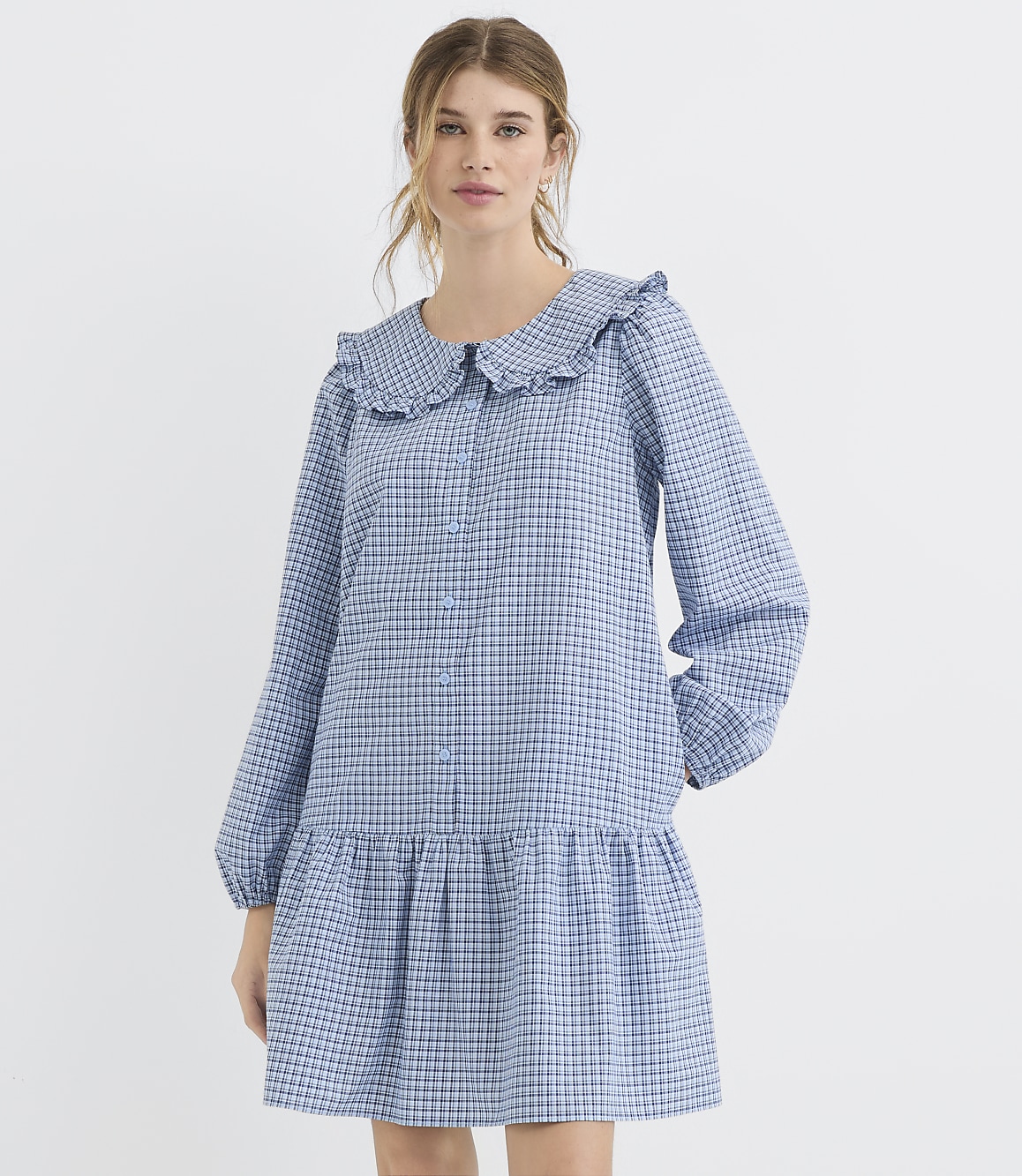 Petite Plaid Ruffle Collar Mini Pocket Dress