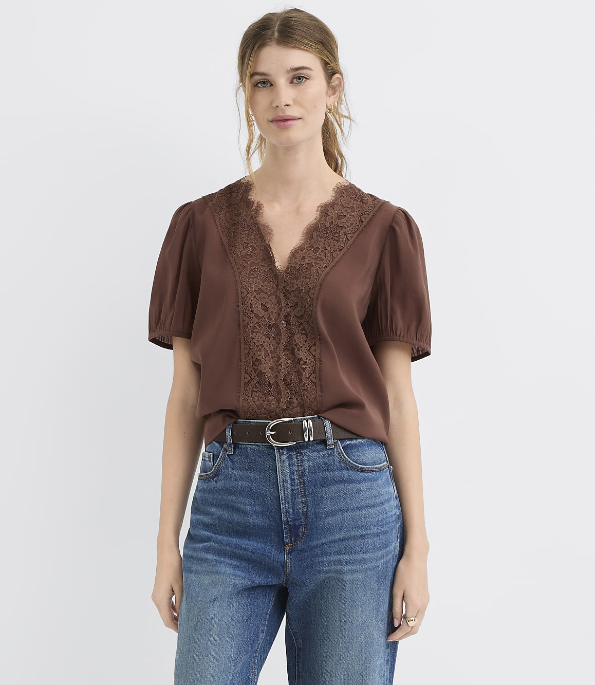 Petite Floral Lace Trim Button Blouse
