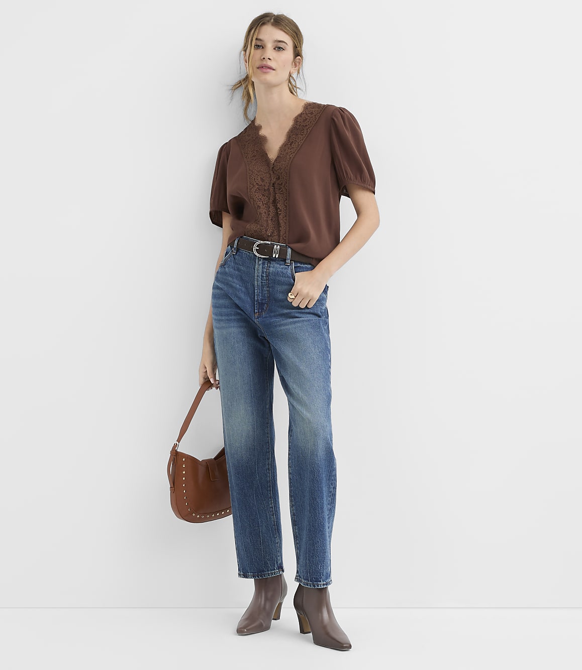 Petite Floral Lace Trim Button Blouse