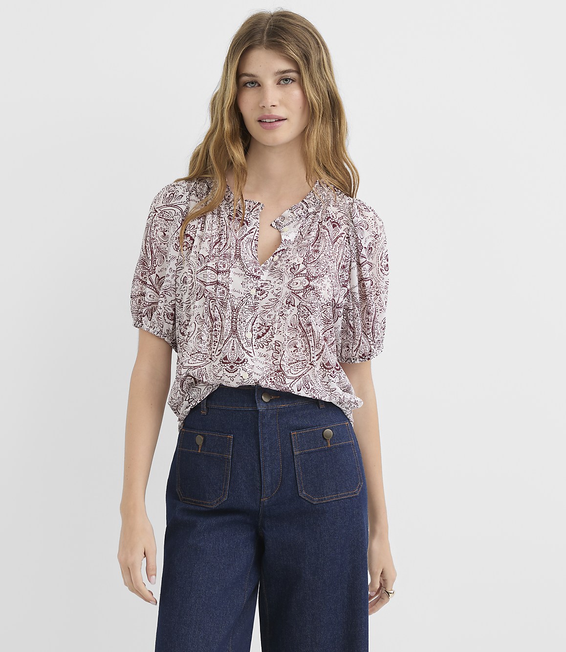 Petite Paisley Pintucked Puff Sleeve Blouse