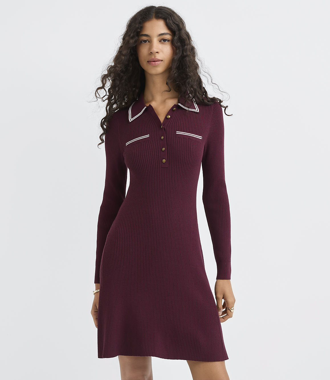 Petite Tipped Ribbed Henley Sweater Shirtdress