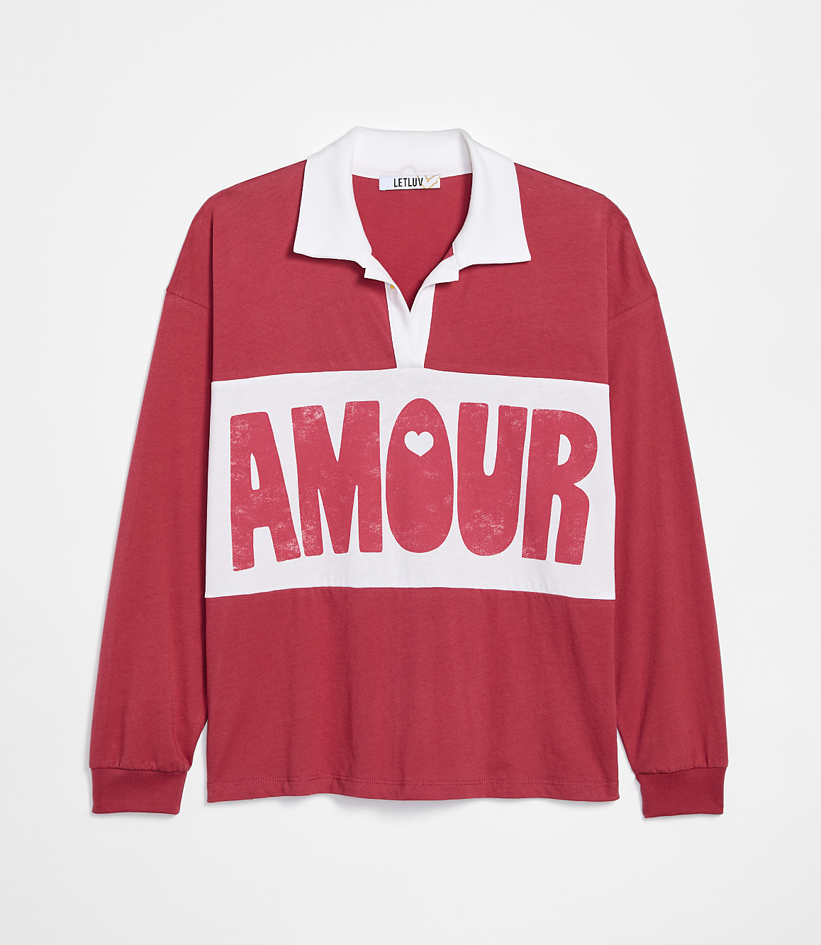 A red long-sleeved polo shirt with "AMOUR" printed in white across the chest is displayed against a plain white background.