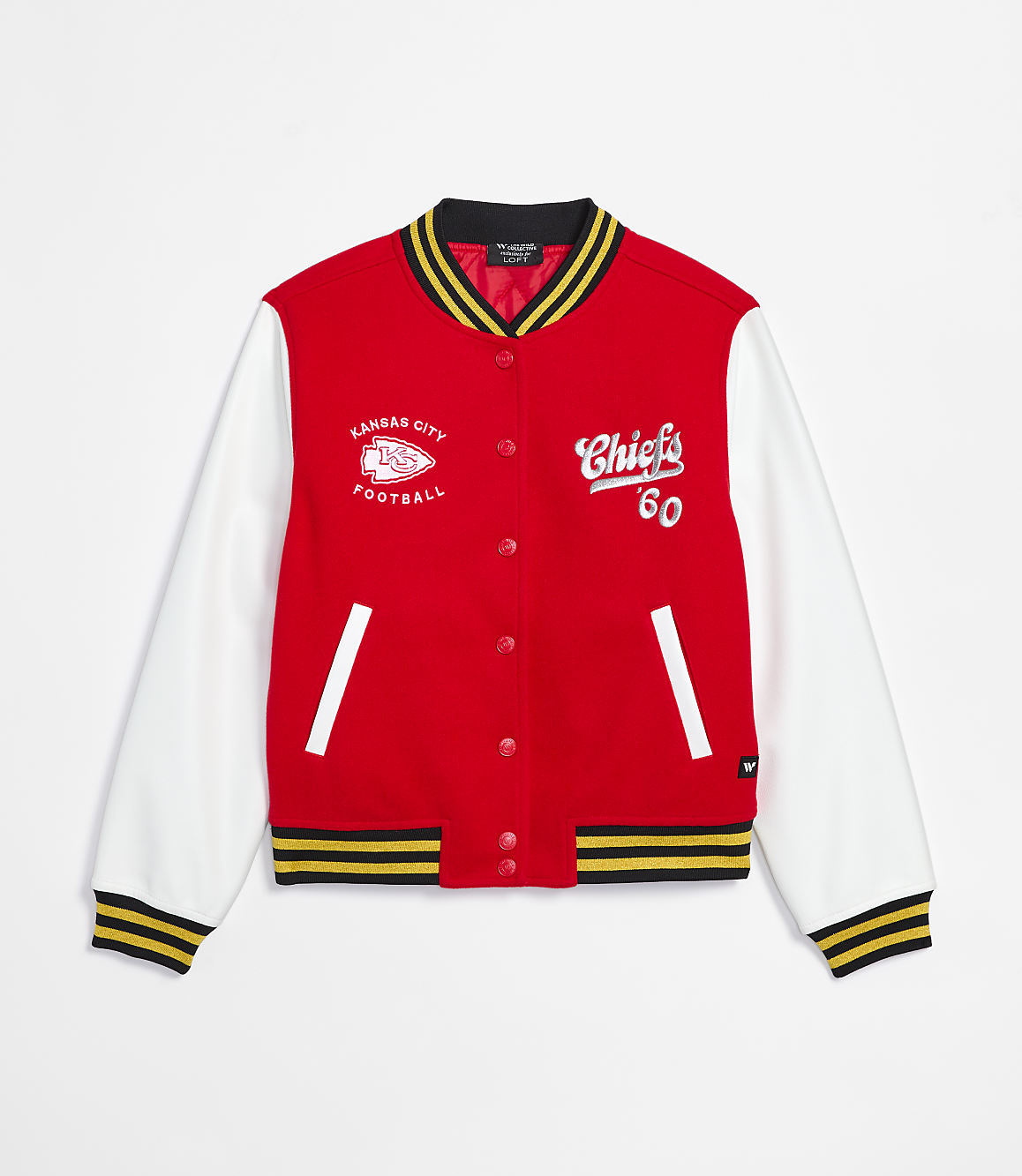 A red and white Kansas City Chiefs varsity jacket with "Chiefs 60" embroidered on the right chest is displayed against a plain white background.