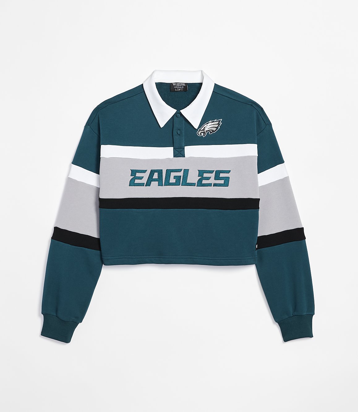 A cropped teal and grey long-sleeved polo shirt with "EAGLES" emblazoned across the chest and the Philadelphia Eagles logo on the collar is displayed against a plain white background.