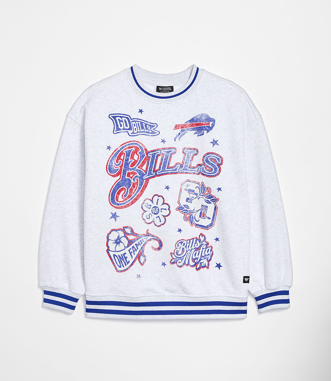A light gray sweatshirt with blue and red Buffalo Bills graphics is displayed against a plain white background.