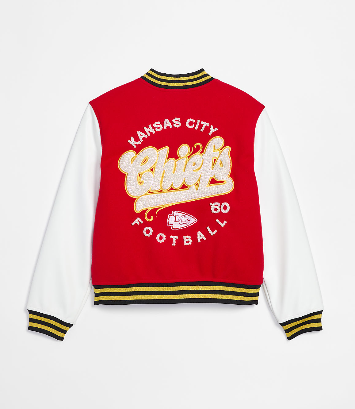 A red and white Kansas City Chiefs varsity jacket with "Chiefs Football '80" emblazoned on the back is displayed against a plain white background.