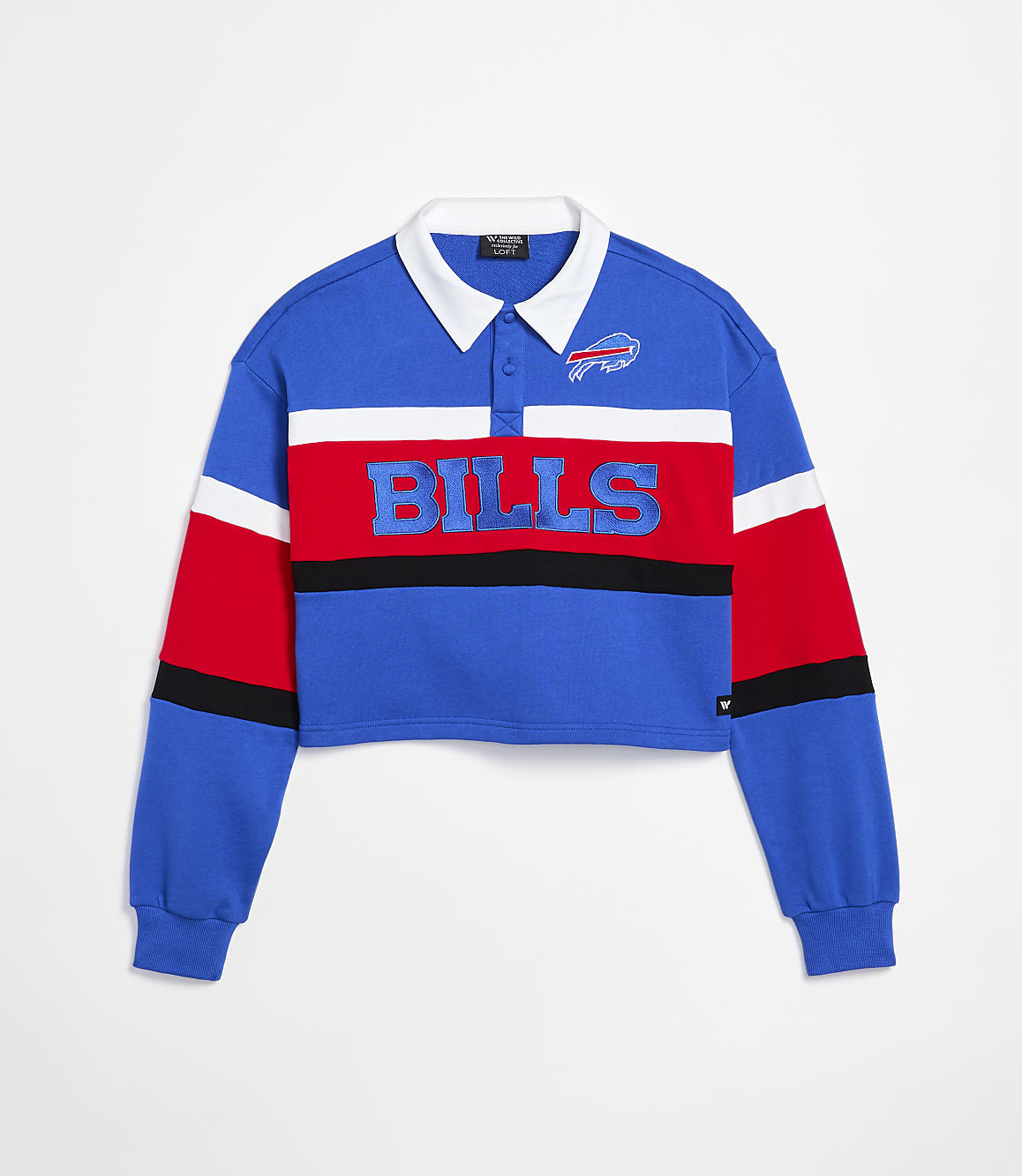 A cropped blue, red, and white striped rugby shirt with "BILLS" embroidered across the chest is displayed against a plain white background.