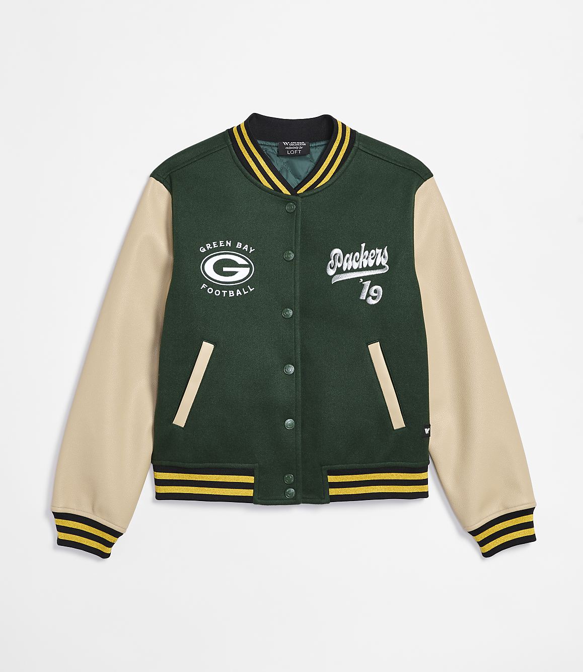A green and beige Green Bay Packers varsity jacket with "Packers 19" embroidered on the right chest is displayed against a plain white background.