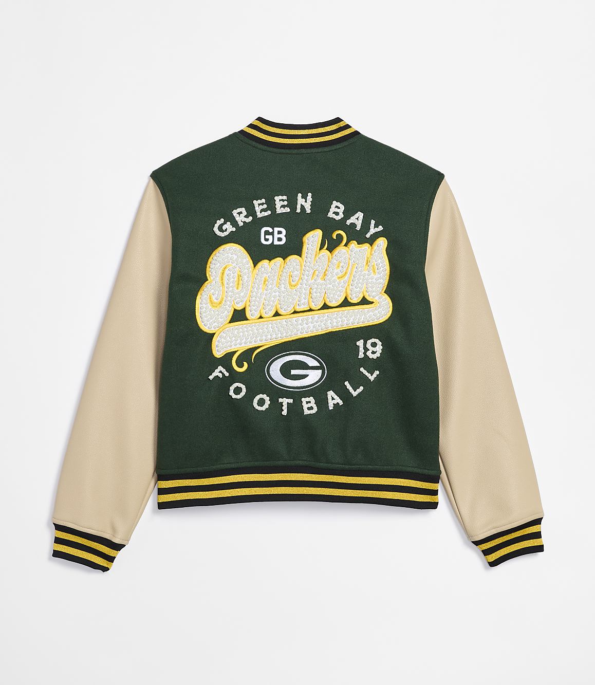 A green and beige Green Bay Packers varsity jacket with embroidered lettering and logo is displayed against a plain white background.