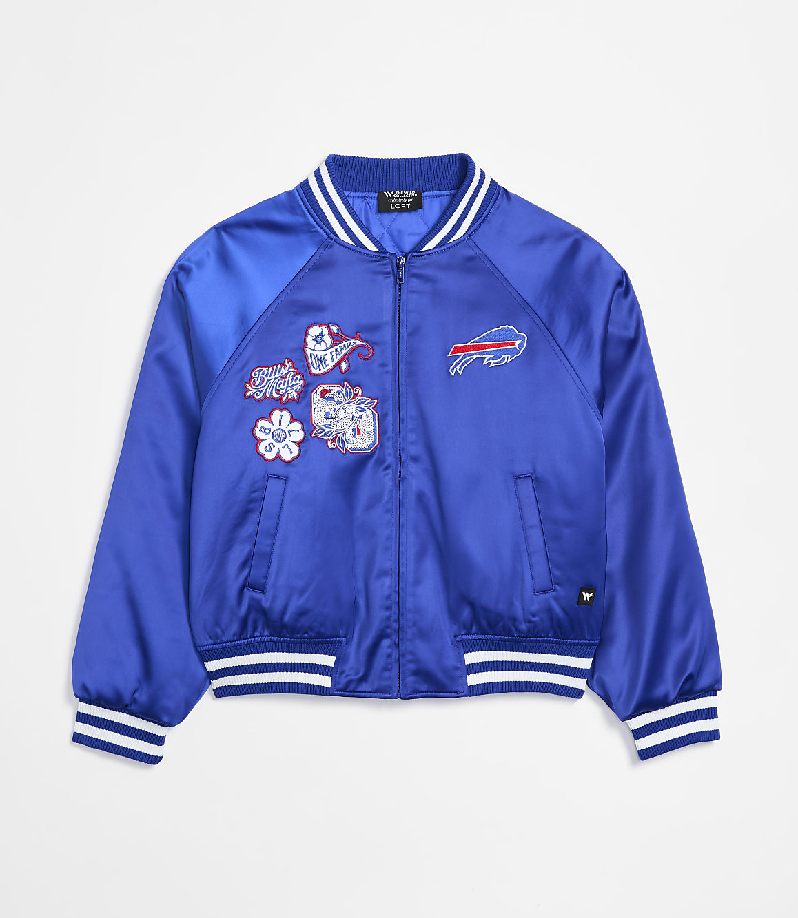 A blue satin bomber jacket with white striped cuffs and collar is displayed against a plain white background.