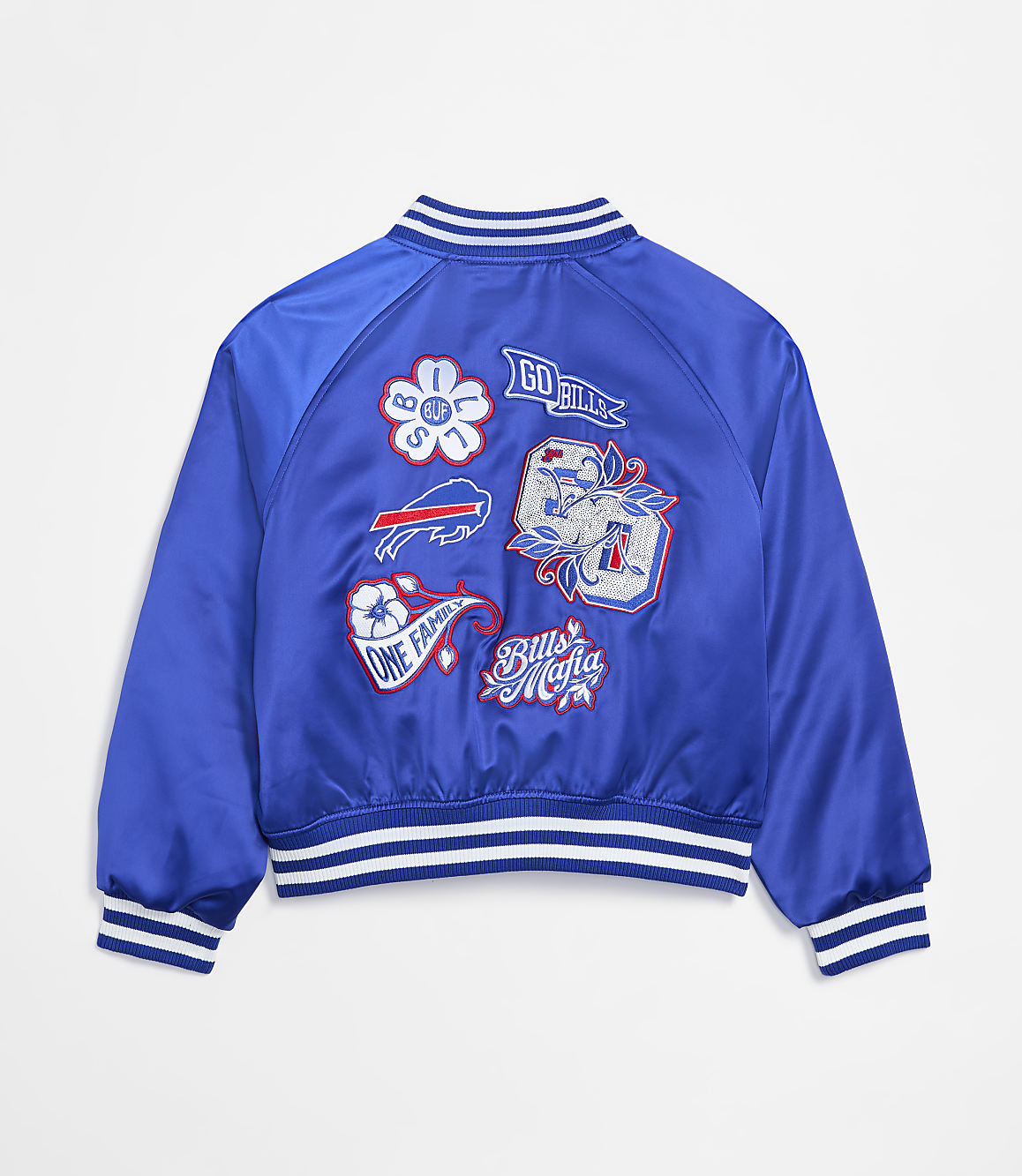 A blue satin bomber jacket with various Buffalo Bills patches is displayed against a plain white background.