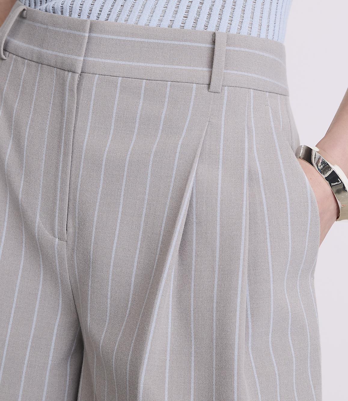 A person's hands are in the pockets of light gray pinstripe pants, with a light blue striped top visible above.