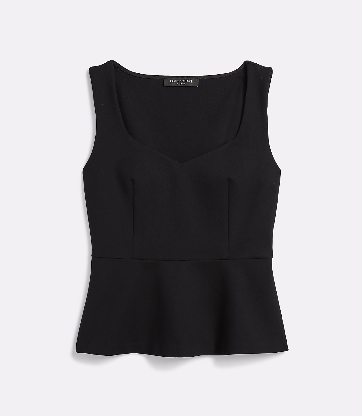 A black sleeveless peplum top with a sweetheart neckline is laid flat against a plain white background.