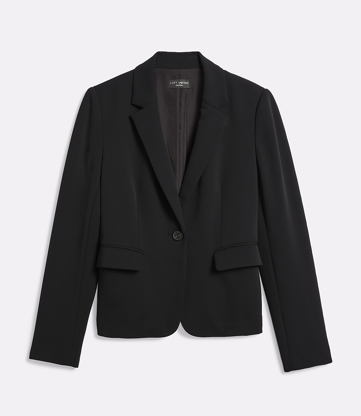 A black blazer with a single button closure is displayed against a plain white background.