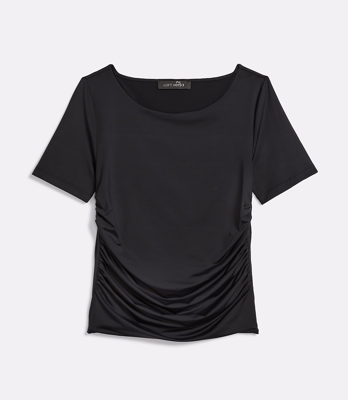 A black, short-sleeved t-shirt with ruched detailing on the side is laid flat against a plain white background.