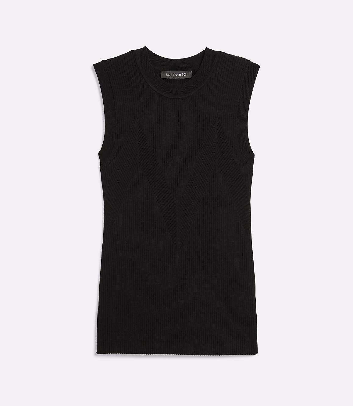A black ribbed sleeveless top with a crew neck is centered on a plain white background.