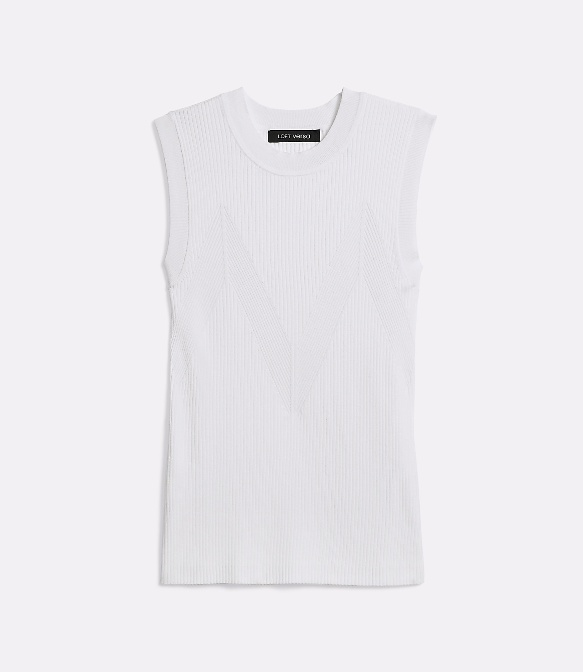 A white ribbed sleeveless top with a black tag is centered against a plain white background.