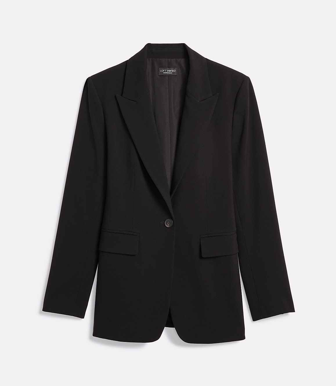 A black blazer with a single button closure is displayed against a plain white background.