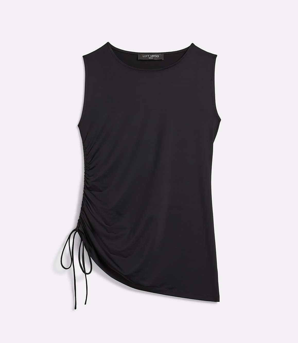 A black sleeveless top with a ruched side detail and drawstrings is presented against a plain white background.