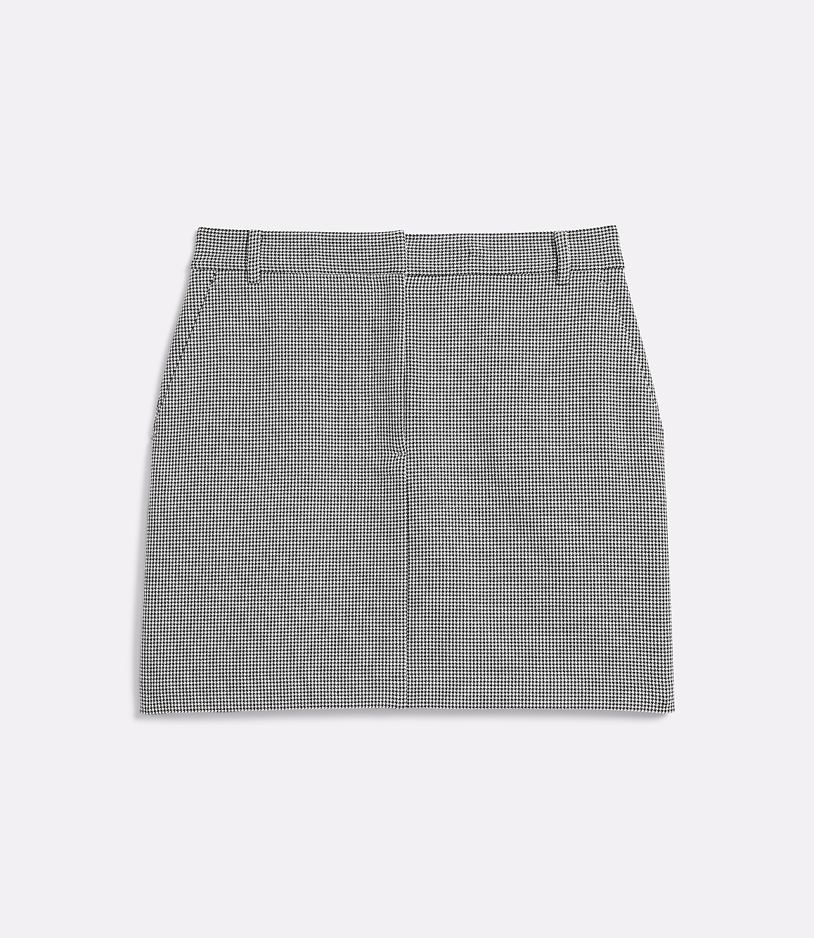 A grey and white houndstooth mini skirt lies flat against a plain white background.