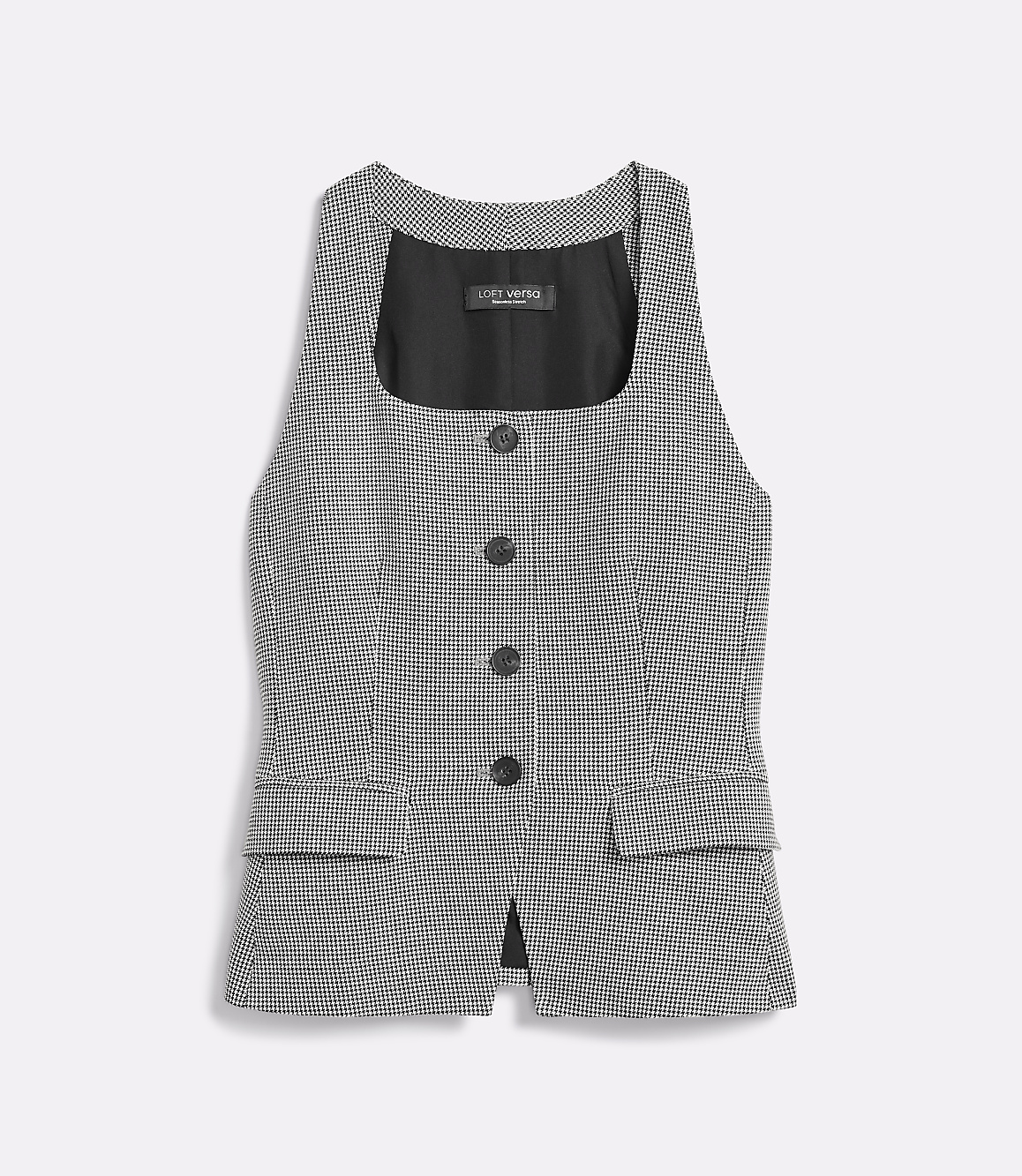 A sleeveless houndstooth vest with black buttons and a black lining is displayed against a plain white background.