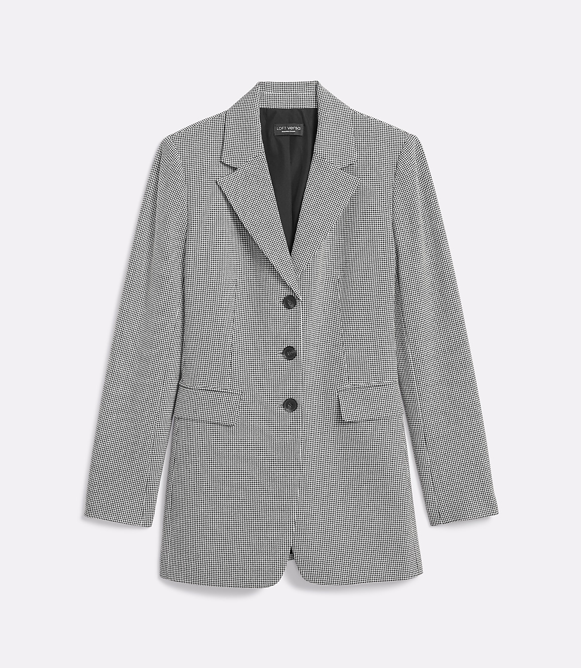 A black and white patterned blazer with three buttons is displayed against a plain white background.