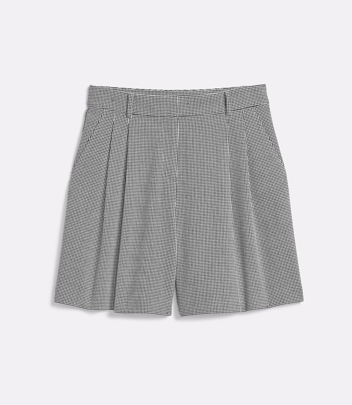 Pleated gingham shorts with a white background.