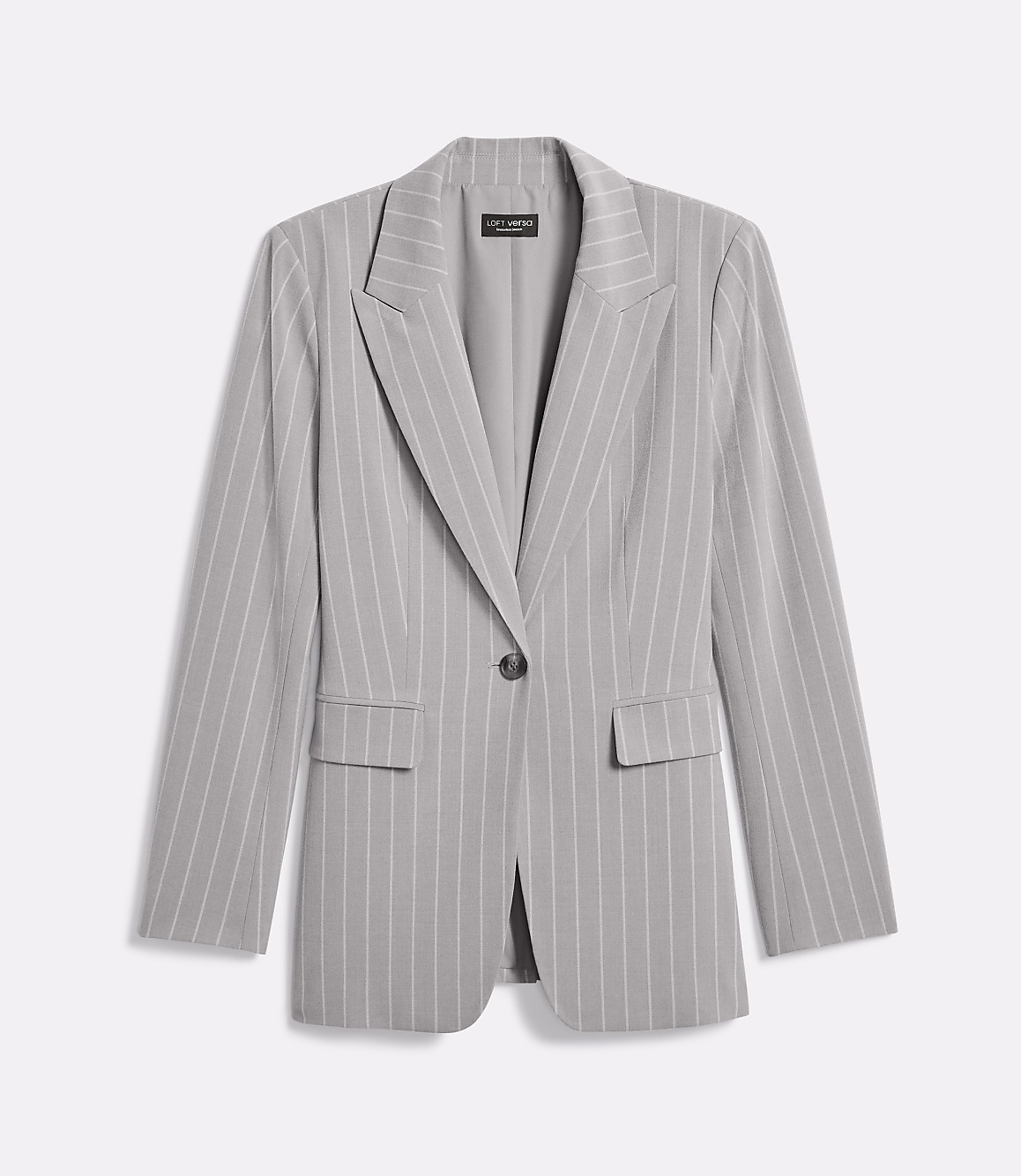 A light gray pinstripe blazer with a single button closure is presented against a plain white background.