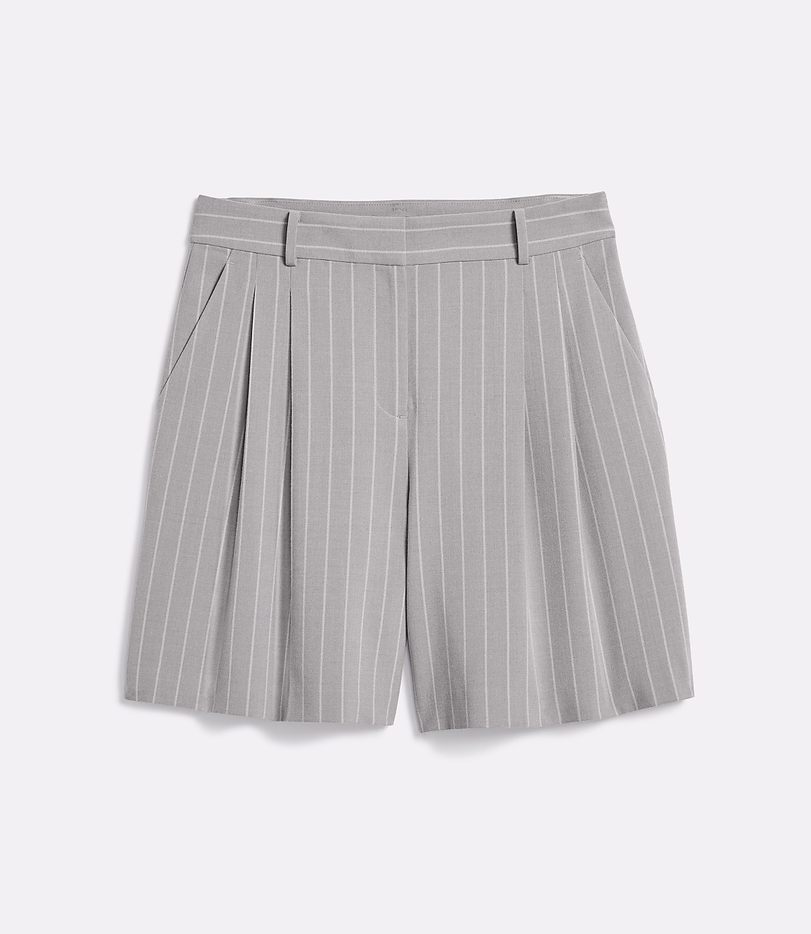 A pair of gray pinstripe shorts with pleats are laid flat against a plain white background.