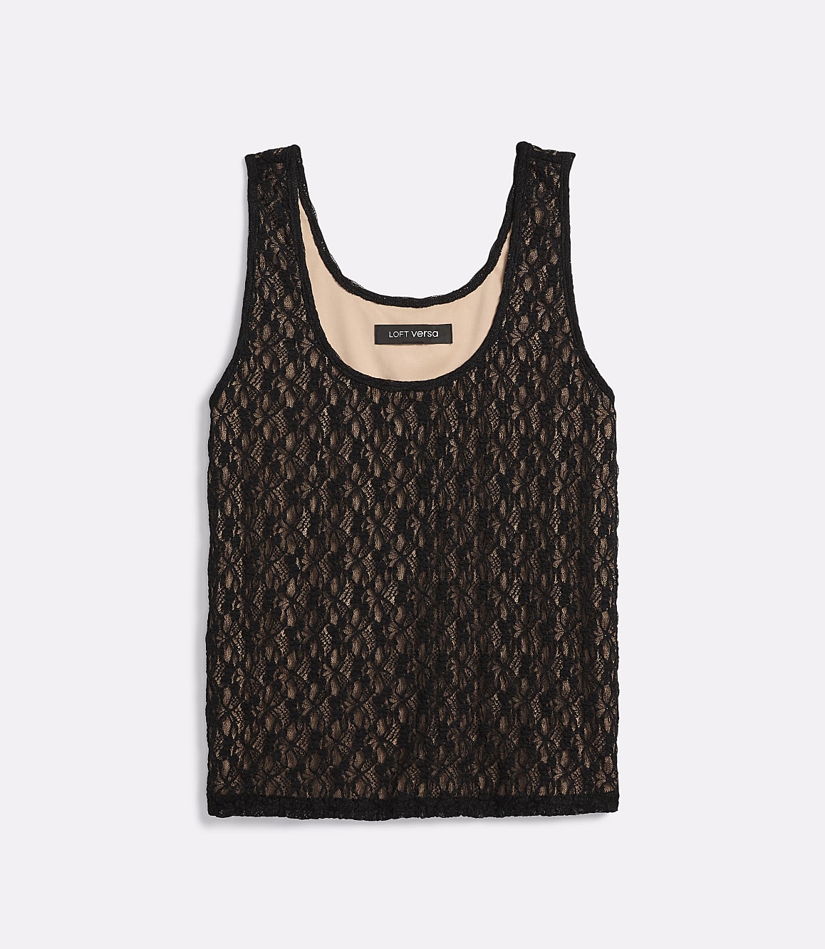 A black lace tank top with a nude lining is laid flat against a white background.