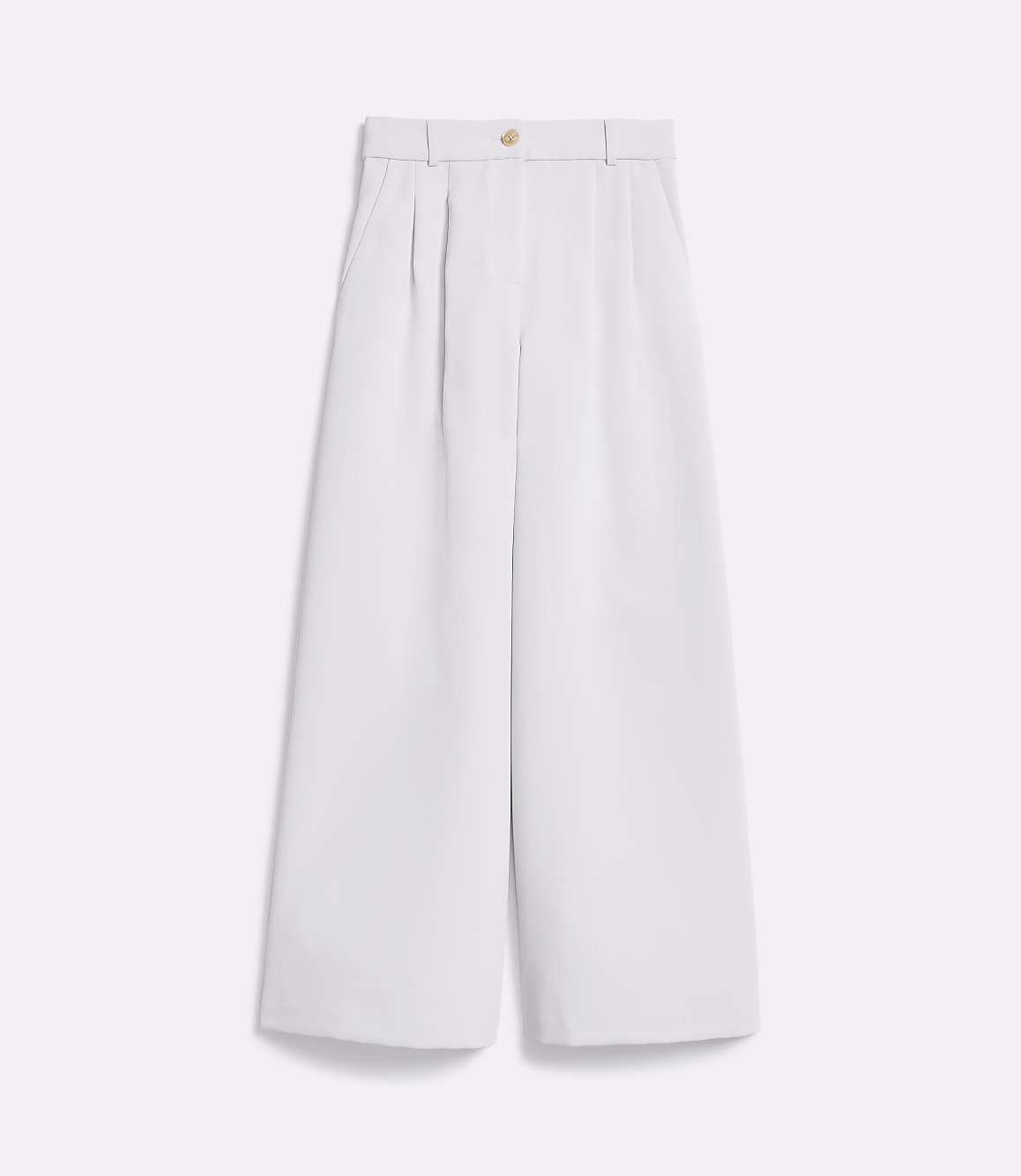 A pair of light purple wide-leg trousers with a gold button are displayed against a plain white background.