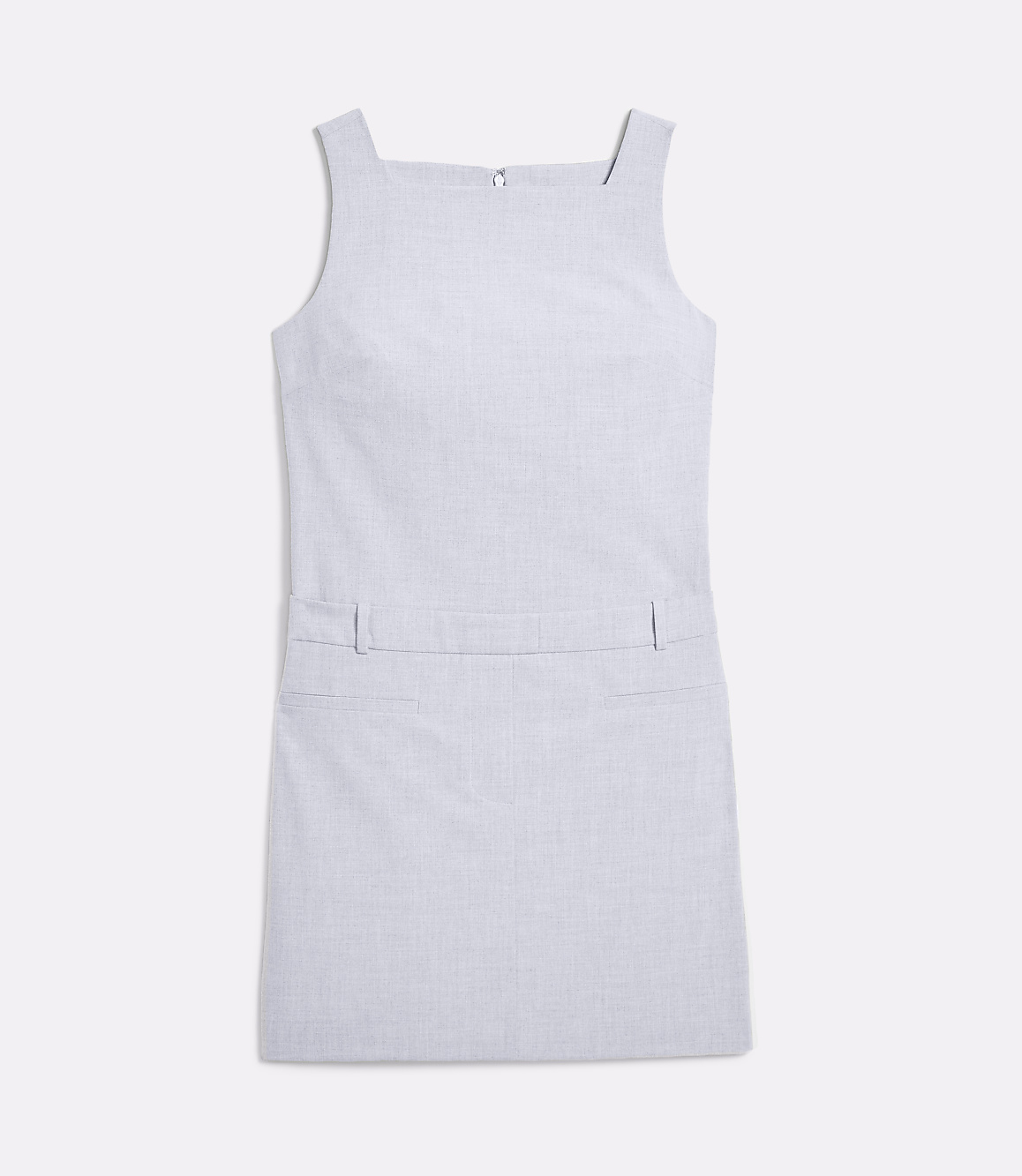 A light blue, sleeveless A-line dress with a square neckline and two front pockets is laid flat against a plain white background.