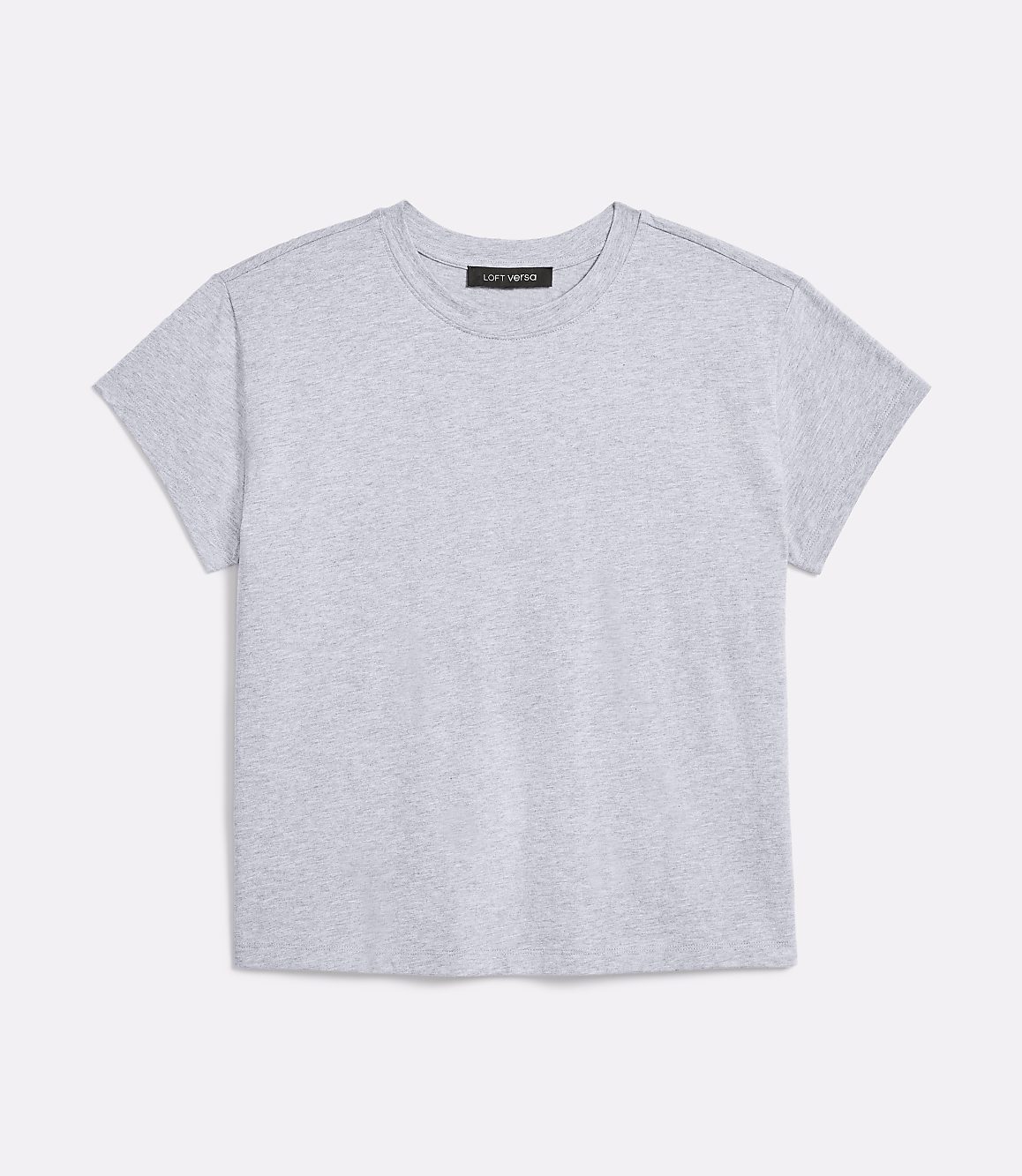 A plain grey t-shirt with a small black tag is laid flat against a white background.