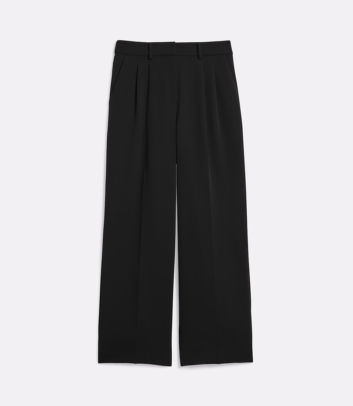 Black wide-leg trousers with pleats in the foreground are set against a plain white background.