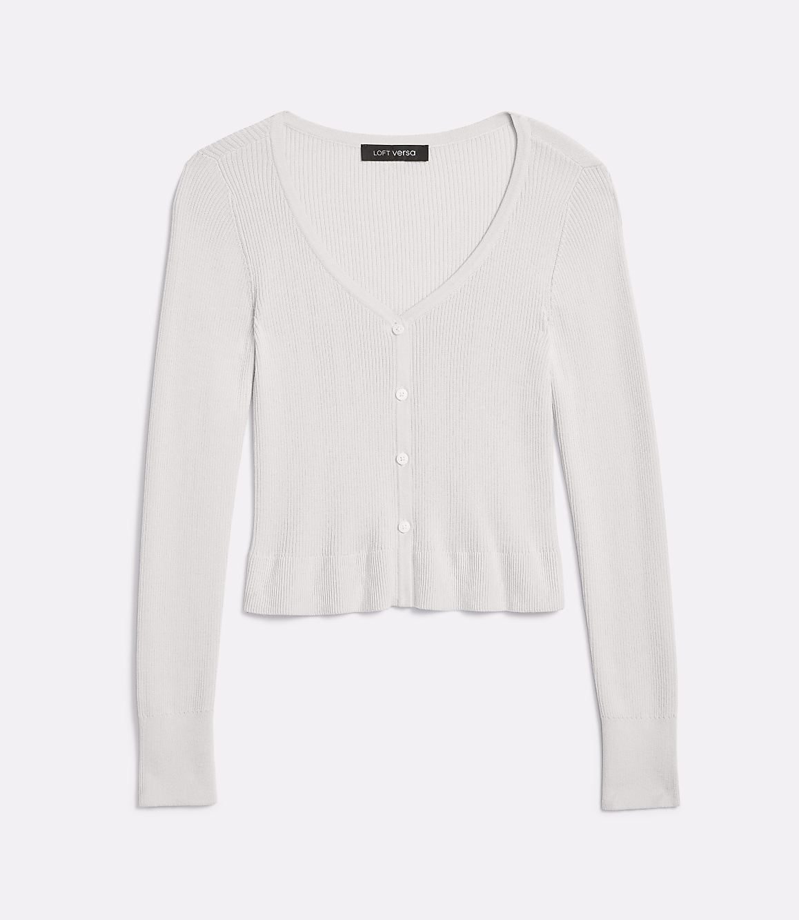 A white ribbed knit cardigan with a V-neck and button closure is laid flat against a plain white background.