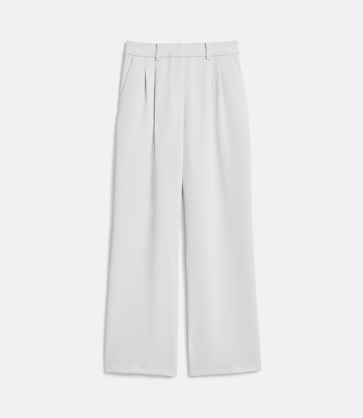 Light gray wide-leg trousers with pleats are laid flat against a plain white background.