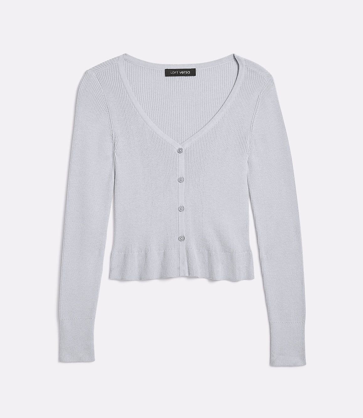 A light blue ribbed cardigan with a ruffled hem is displayed against a plain white background.