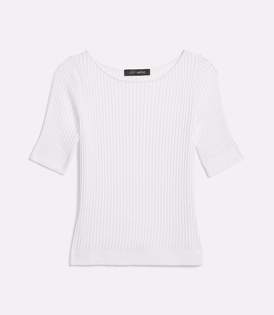 A white ribbed knit top with a boat neckline is centered against a plain white background.