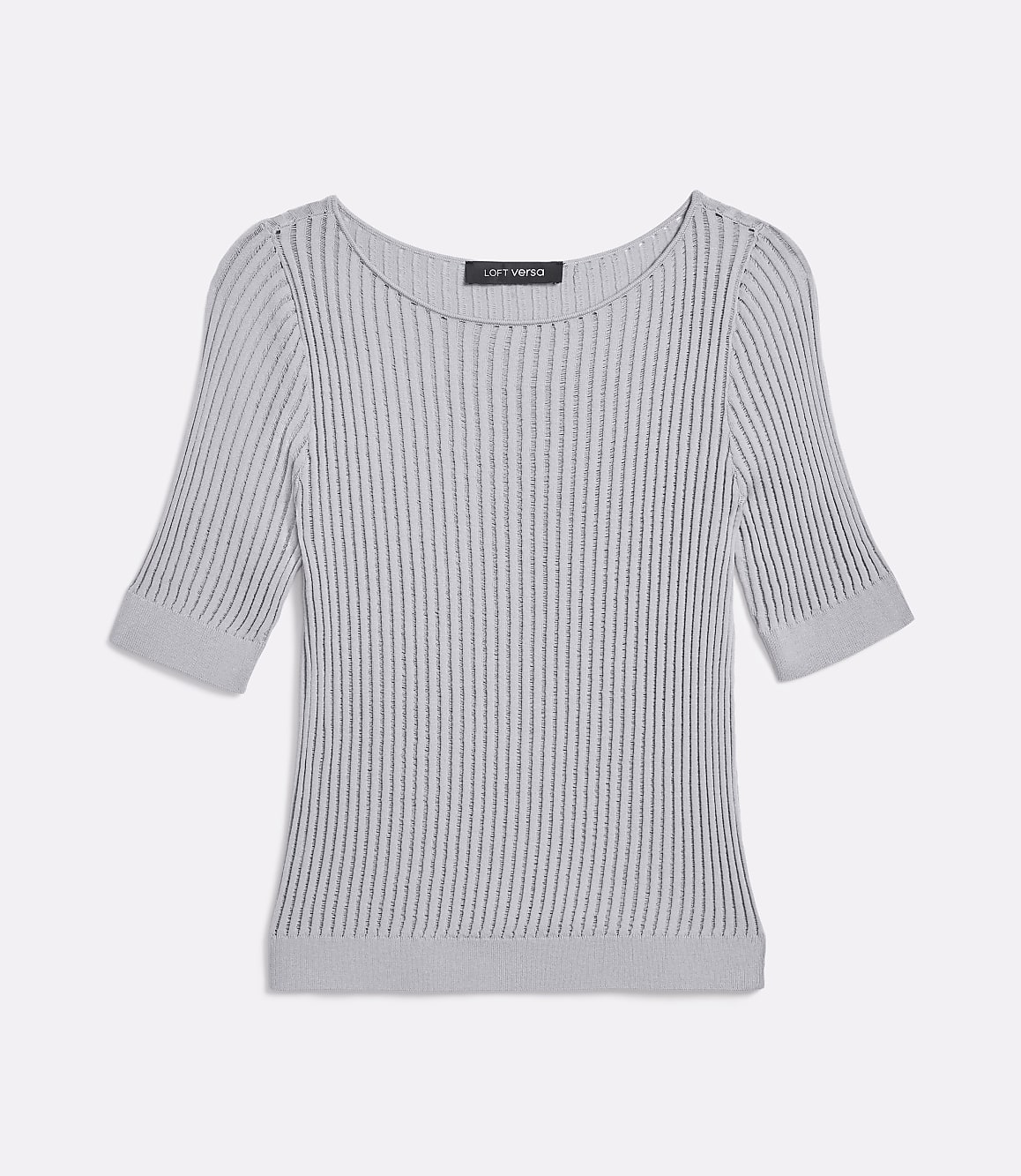 A light gray, ribbed knit top with short sleeves is centered against a plain white background.